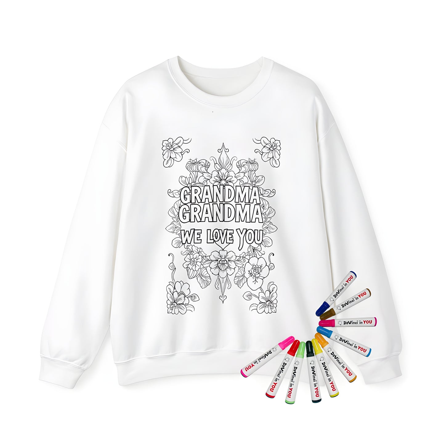 Adult sweatshirt with floral coloring page design featuring 'GRANDMA GRANDMA WE LOVE YOU', perfect for grandma appreciation gifts