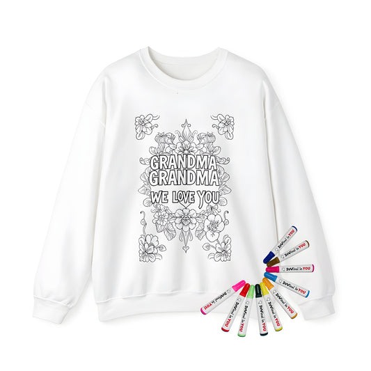 Adult sweatshirt with floral coloring page design featuring 'GRANDMA GRANDMA WE LOVE YOU', perfect for grandma appreciation gifts