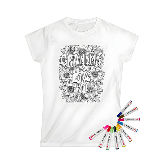 Women's t-shirt featuring a grandmother appreciation coloring page design with floral pattern and heartfelt message