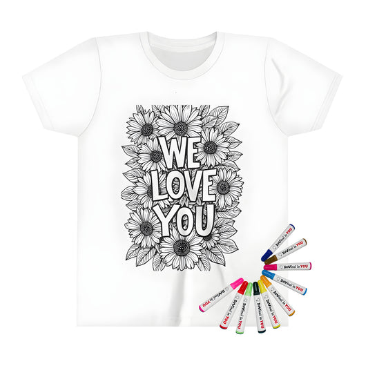 Sunflower themed kid's t-shirt with floral pattern and bold love message, perfect for kids' birthday or Christmas gift