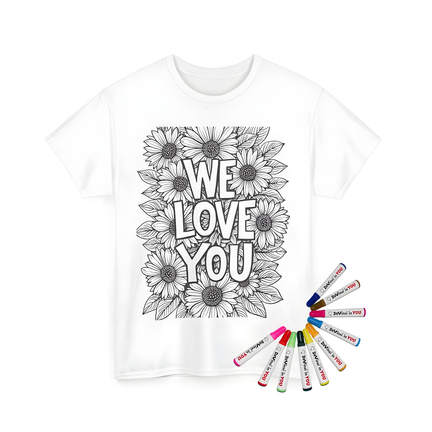 Coloring kit for adults featuring a unisex t-shirt with sunflower design