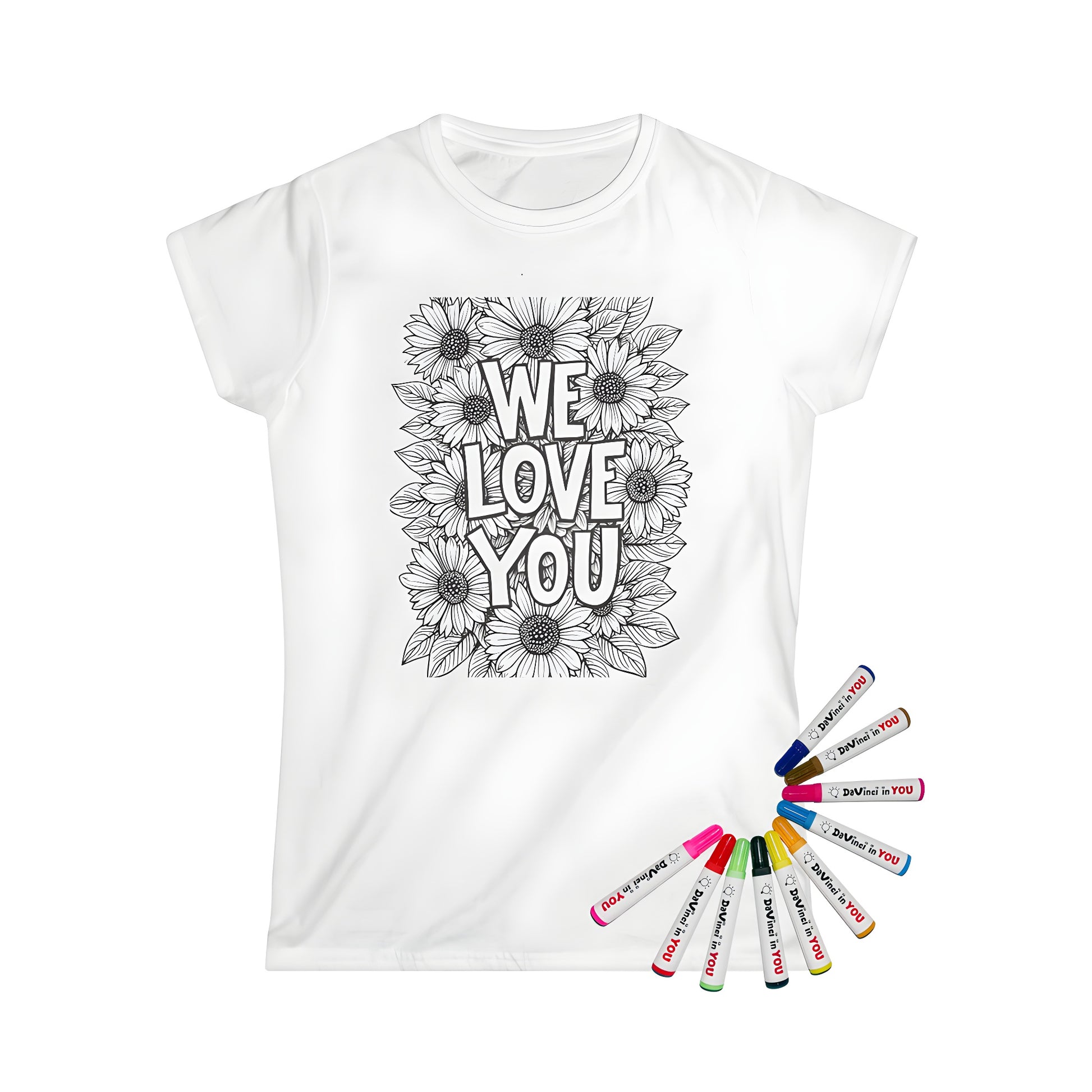 Coloring kit t-shirt with black and white floral design featuring daisies, sunflower-inspired art, and bold love quote