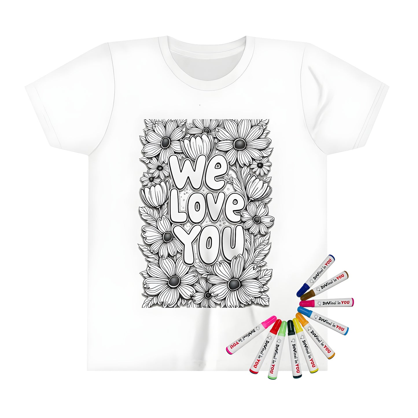 Kids t-shirt with cute daisies coloring page design, featuring 'We Love You' text and detailed flower illustrations