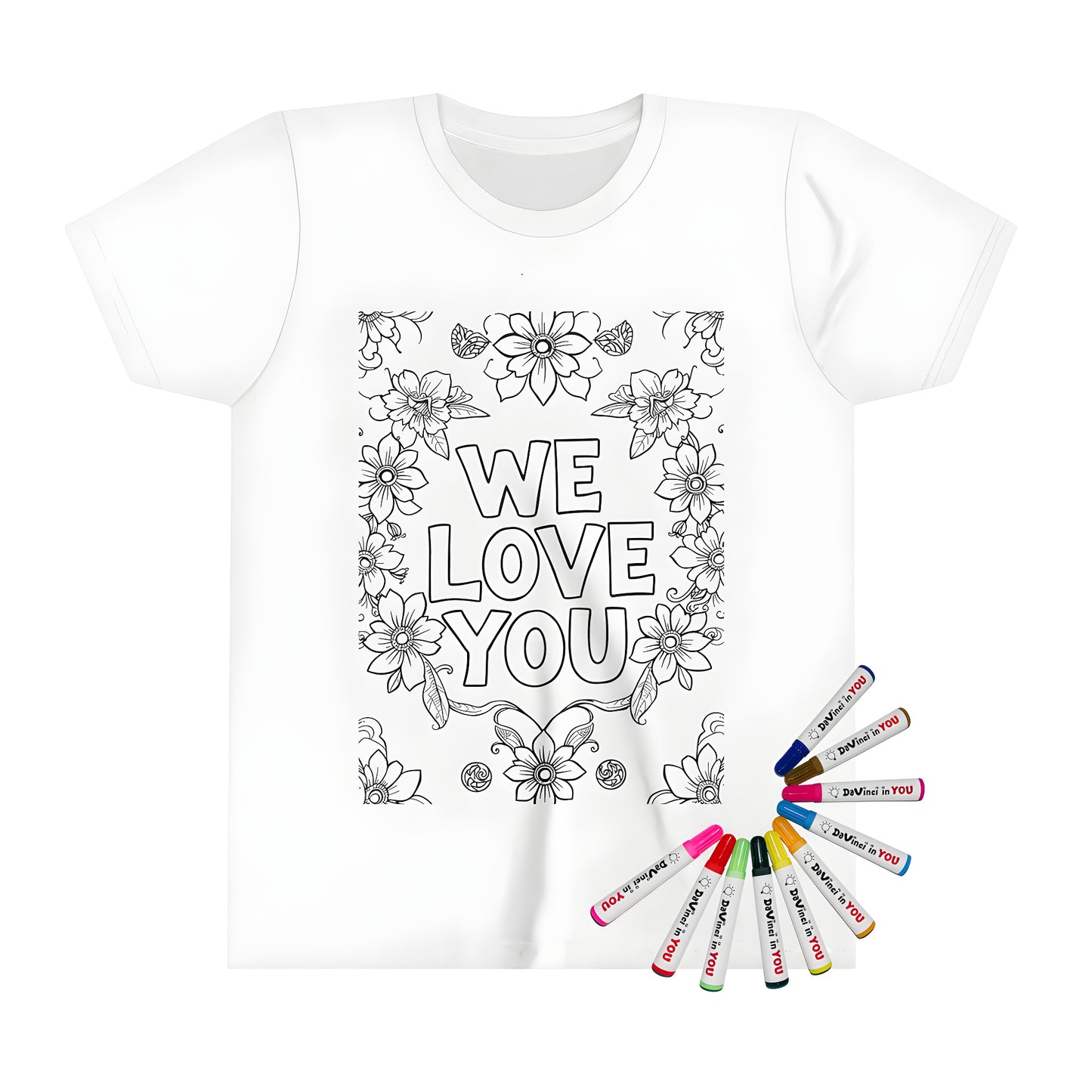 Coloring page inspired Kid's T-shirt with 'WE LOVE YOU' message and floral designs