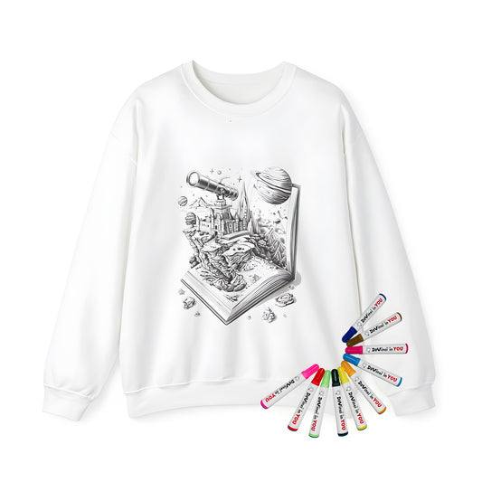 Adult sweatshirt with a fantasy castle illustration on cliffs emerging from an open book, surrounded by planets, telescope, and stars