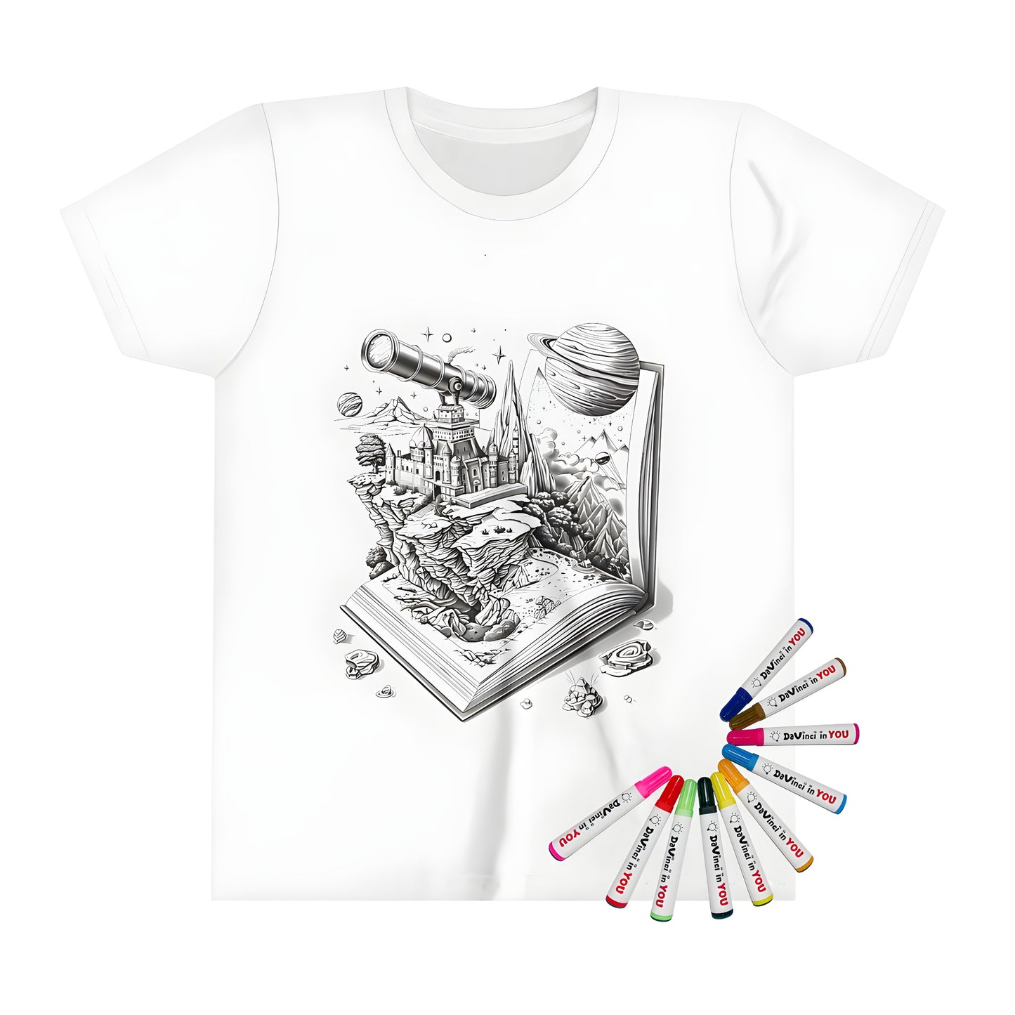 Kid's t-shirt featuring a colorful fantasy castle scene with planets, stars, and a telescope on a black background