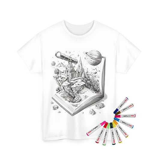 Coloring kit with castle illustration on unisex tee, planets, and fantasy artwork