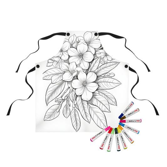 Coloring apron featuring a beautiful black and white floral illustration, perfect for artistic expression with our fabric markers