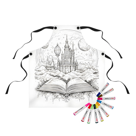 Coloring apron featuring an enchanted storybook castle design, mountains, planets, and hot air balloon illustrations