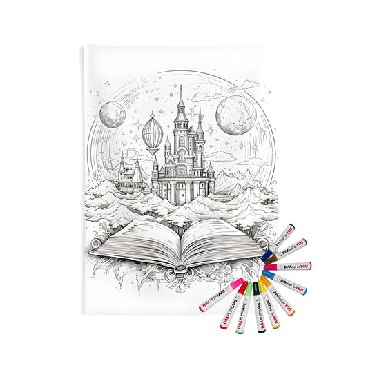 Whimsical indoor wall tapestries and coloring kit with fabric markers, featuring an enchanted kingdom from a storybook