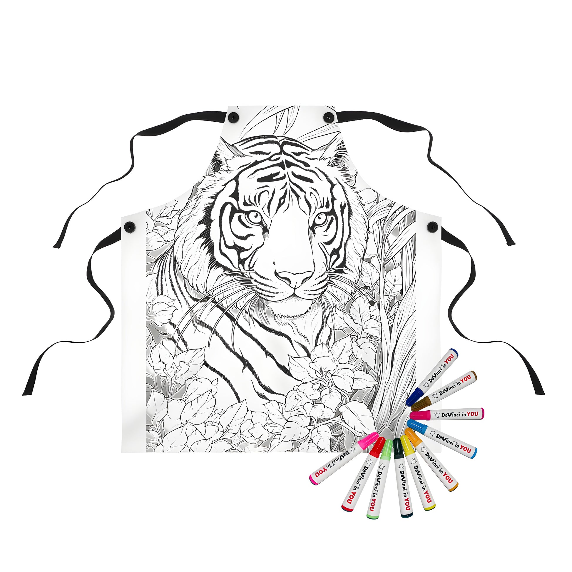 Coloring apron featuring a wild animal design, a majestic tiger with vibrant stripes, jungle foliage and colorful flowers, ready for kids and adults to color