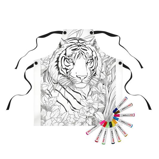 Coloring apron featuring a wild animal design, a majestic tiger with vibrant stripes, jungle foliage and colorful flowers, ready for kids and adults to color