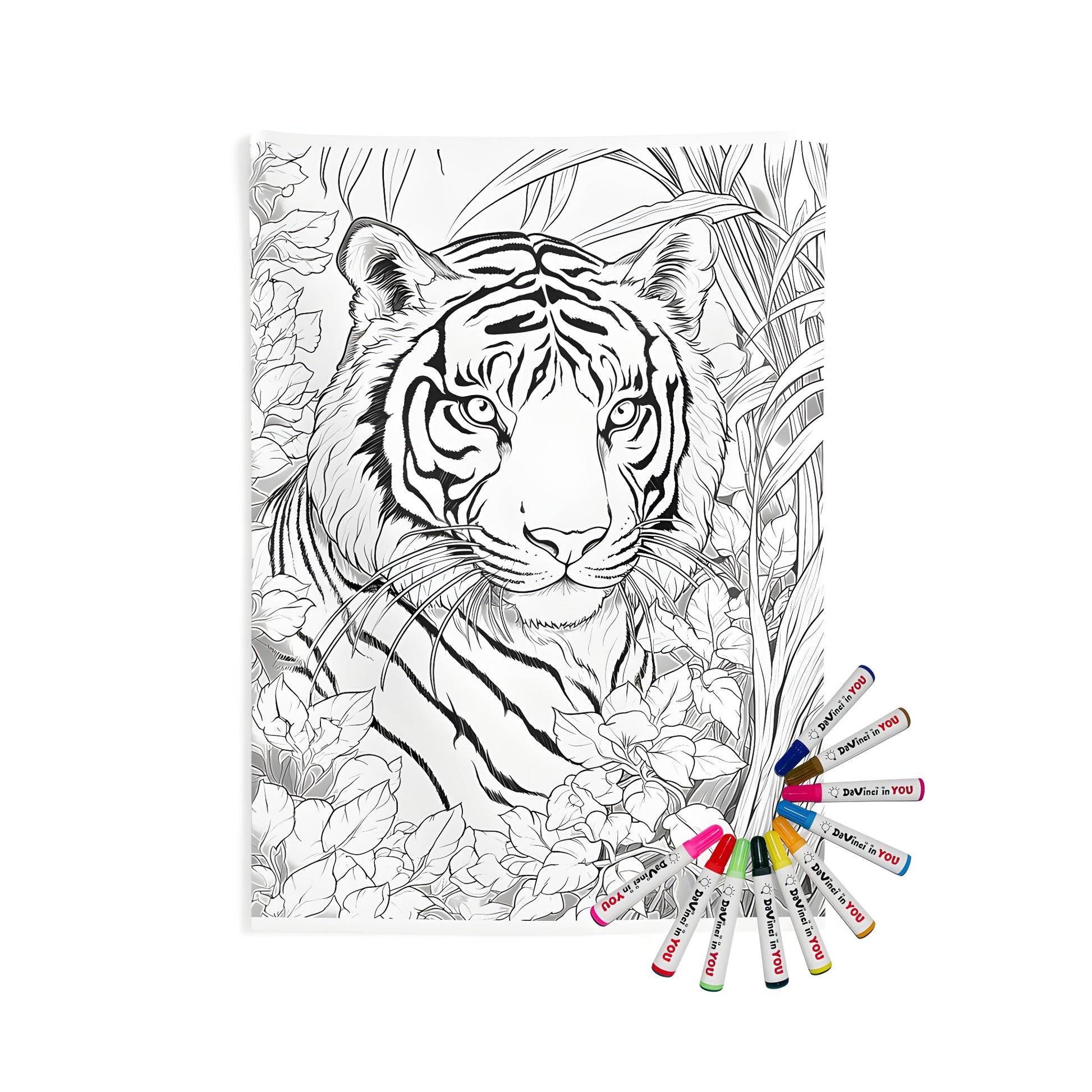 Indoor wall tapestries with tiger art, big cat design, wild animal print, jungle foliage and colorful flowers