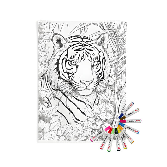 Indoor wall tapestries with tiger art, big cat design, wild animal print, jungle foliage and colorful flowers