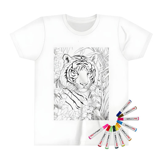 Kids' t-shirt coloring kit with tiger design, featuring vibrant stripes and jungle foliage, perfect for arts and crafts