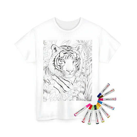 Unisex t-shirt featuring a detailed big cat illustration with colorful jungle foliage and vibrant stripes, perfect for adults and kids alike.