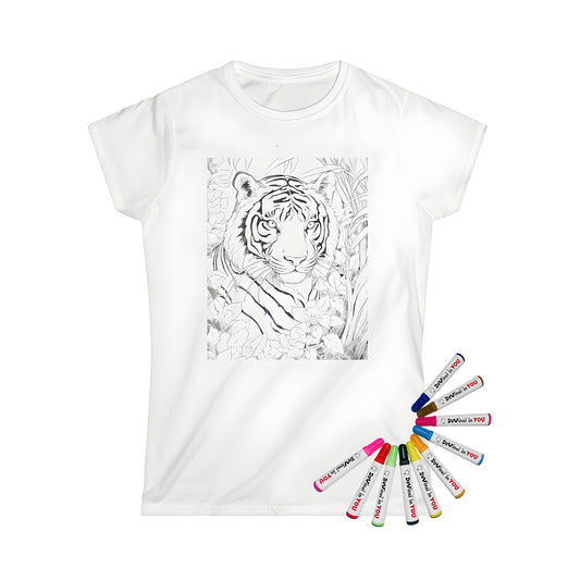 Women's t-shirt with vibrant tiger design, jungle foliage, and colorful flowers. Perfect for coloring with 10 fabric markers included.