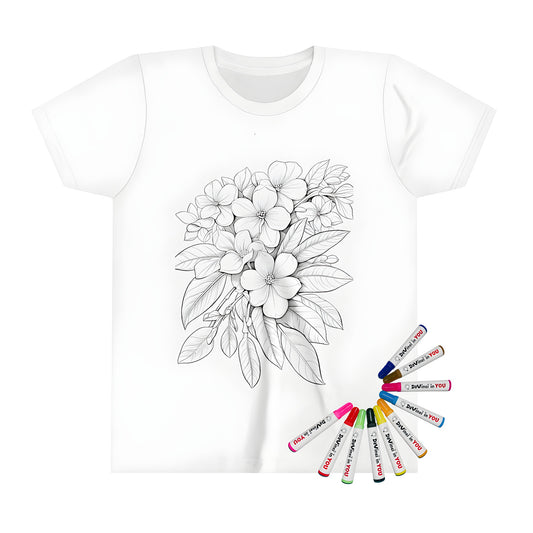 Detailed floral design on a kids t-shirt featuring colorful flowers, leaves, and botanical illustrations