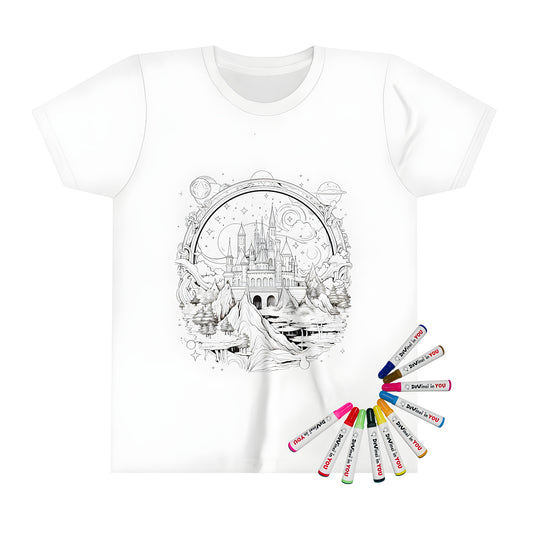 Intricate castle drawing on kids t-shirt, fantasy theme, coloring kit accessory