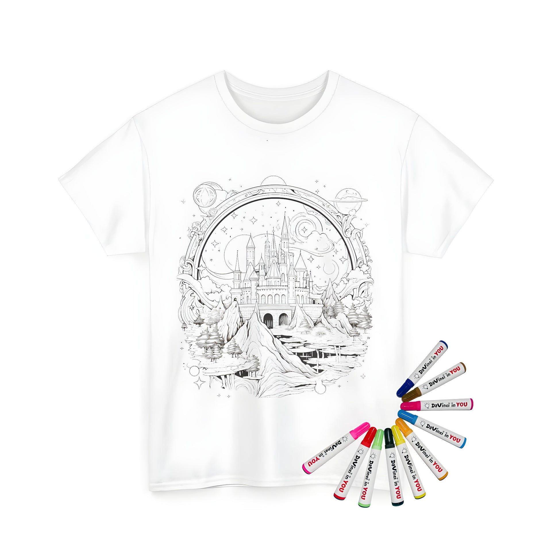 Intricate line drawing of castle towers surrounded by mountains, trees, clouds, planets, and stars on a unisex tee