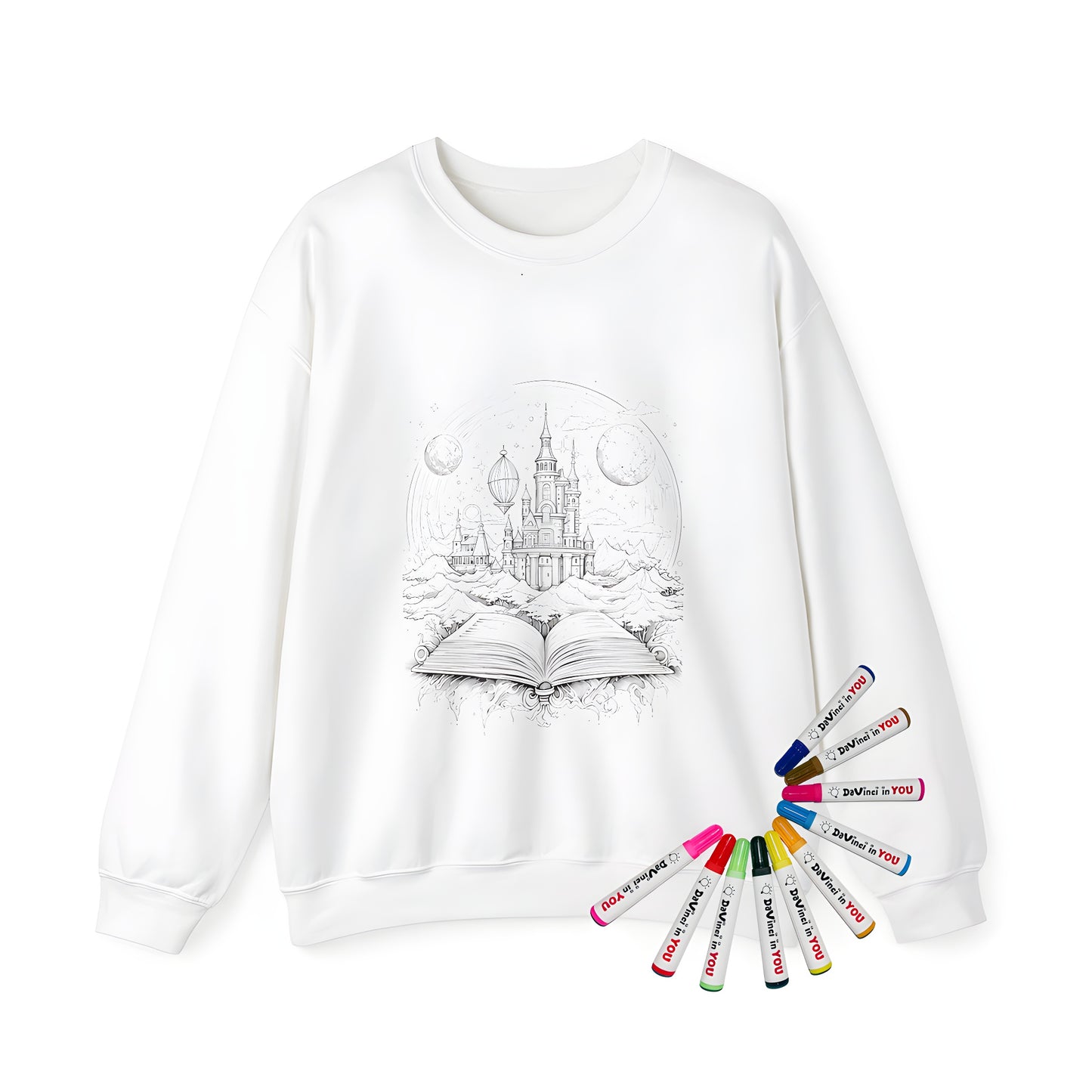 Adult sweatshirt featuring an enchanted castle storybook illustration, perfect for book lovers and coloring enthusiasts