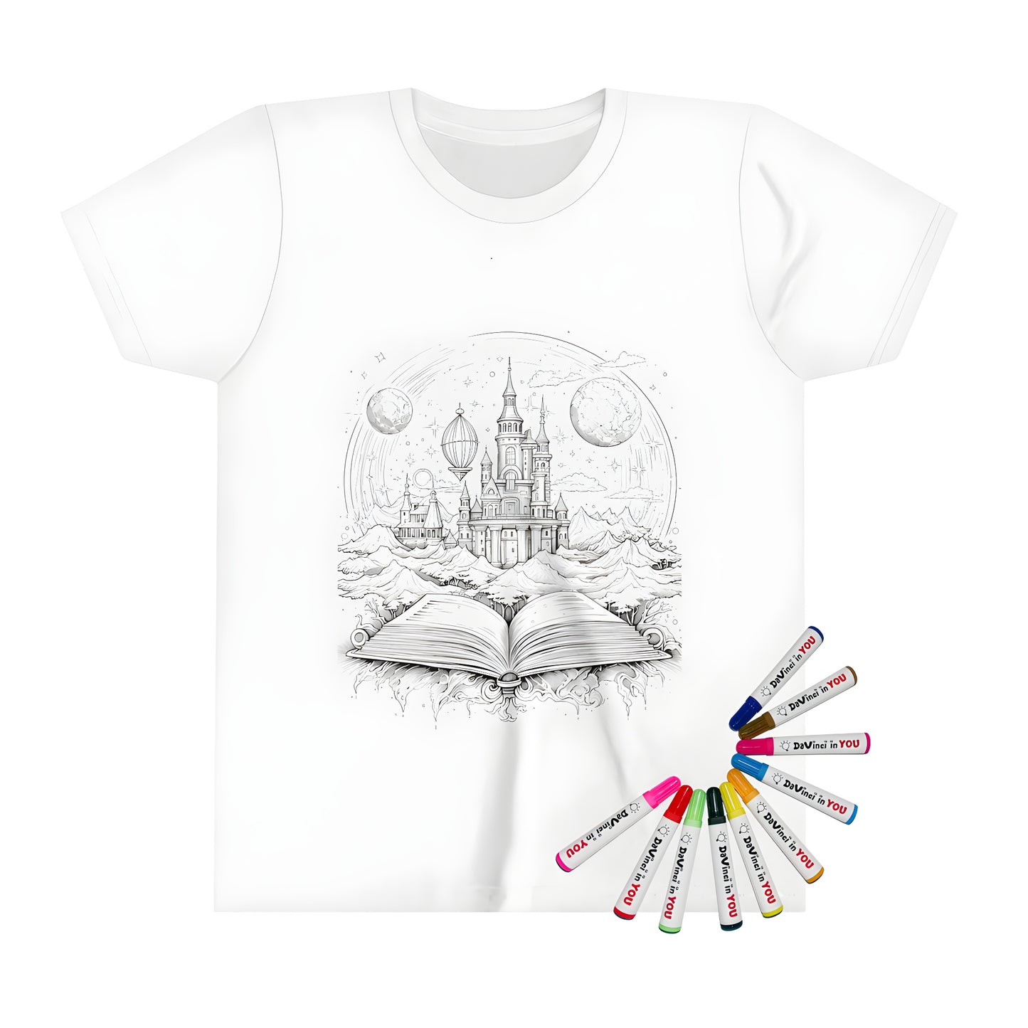 Enchanted castle storybook design kid's t-shirt, coloring page shirt, fantasy artwork