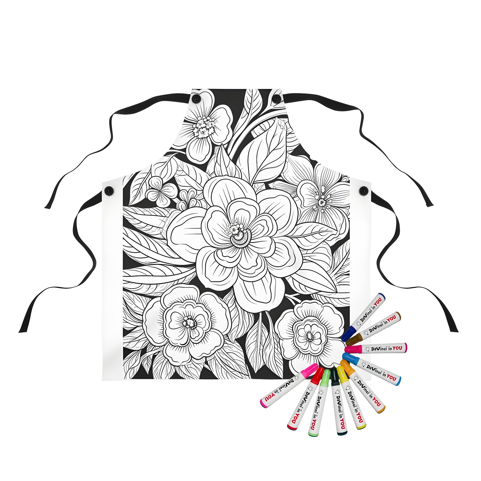 Colorful floral apron with detailed flower and leaf designs