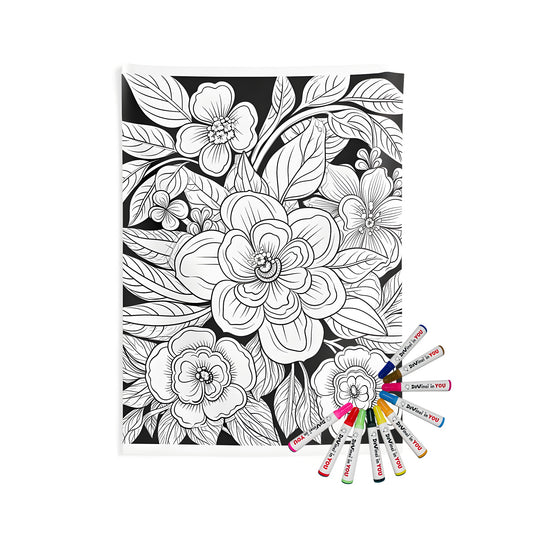 Indoor wall tapestry with floral arrangement design, featuring detailed black and white outline of various flowers and leaves in a pattern