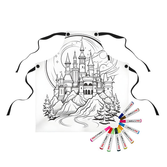 Aprons with medieval castle designs, black and white illustrations of fortresses with towers on mountainous landscapes