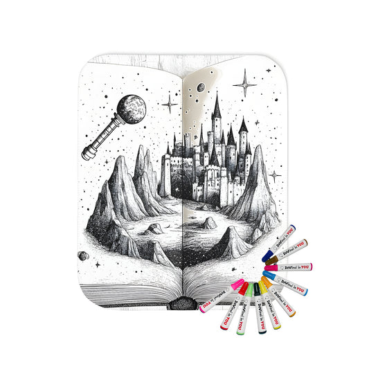 Blanket with enchanting castle illustration, colorful mountains, and celestial details for a magical touch