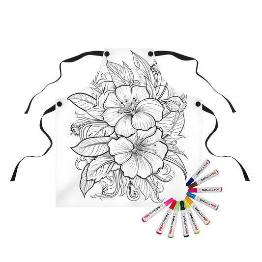 A beautifully designed apron featuring a black and white line art illustration of hibiscus flowers surrounded by leaves and stems, perfect for coloring and crafting. Includes 10 vibrant fabric markers.