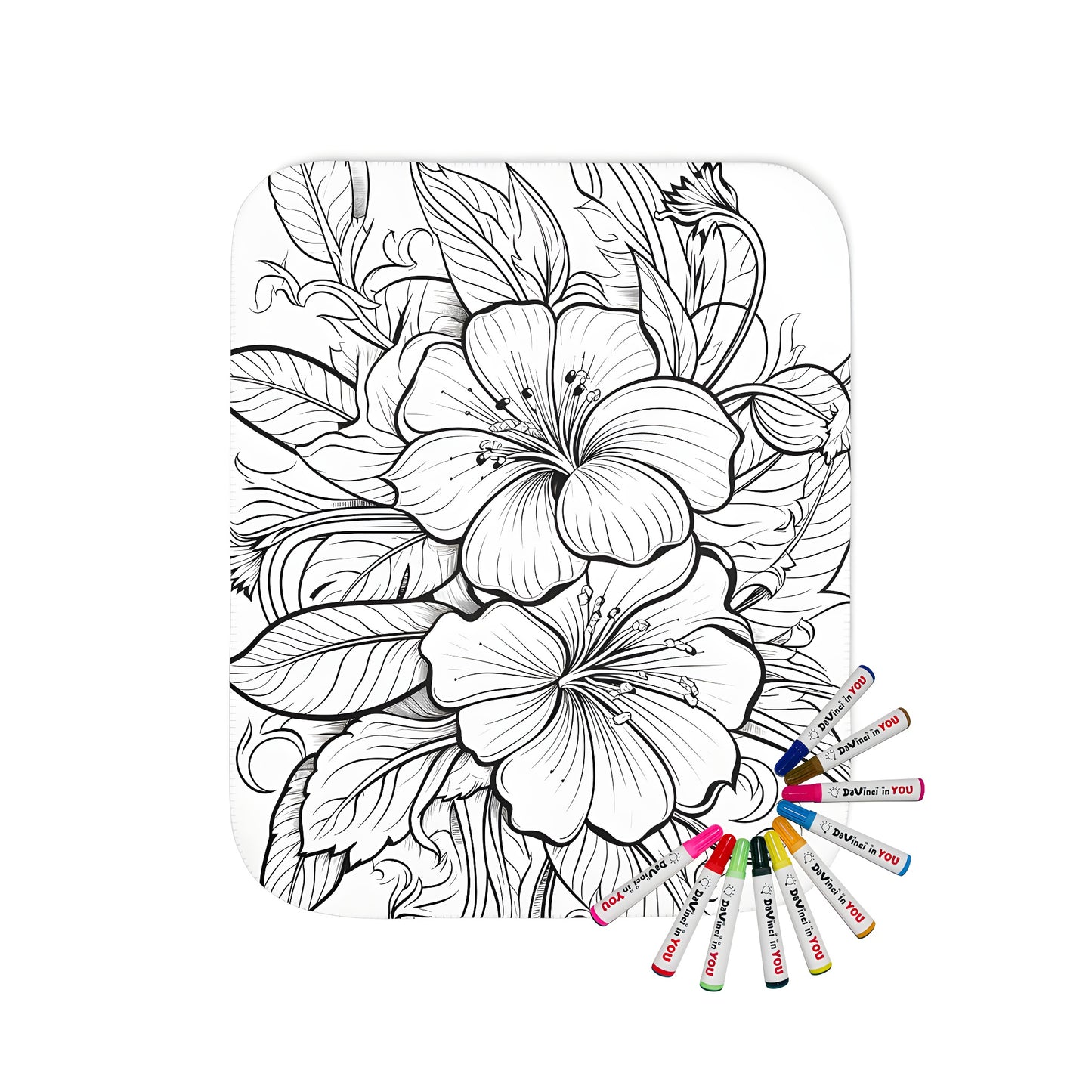 Hibiscus flowers and leaves detailed black and white line art coloring page printed on soft blanket