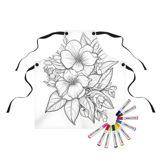 Vibrant colorful apron featuring a beautiful floral arrangement design, great for artistic expression and relaxation