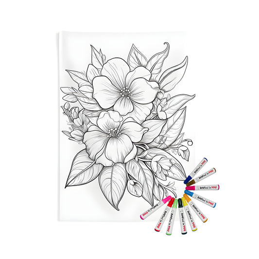 A detailed, colorful, indoor wall tapestry featuring a beautiful floral pattern with large flowers and leaves, perfect for coloring. Product includes 10 fabric markers.