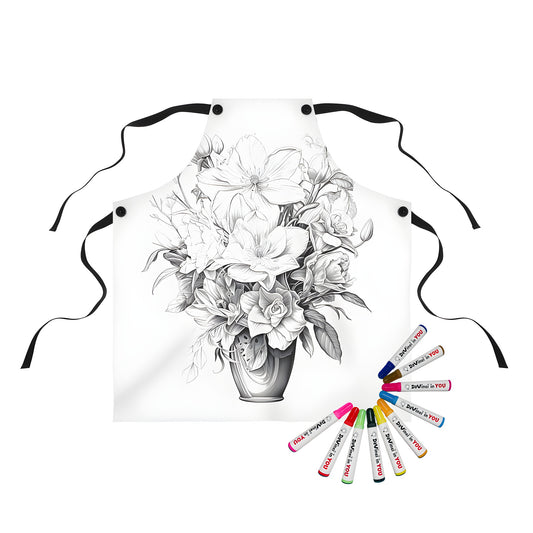 Diverse floral arrangement in a decorative vase on an apron, featuring detailed petals and leaves. Perfect for flower enthusiasts and coloring page fans.