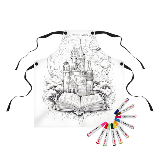 Whimsical apron featuring an enchanting castle design from an open book, surrounded by a large moon and swirling clouds, created using fabric markers