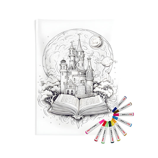 Indoor wall tapestries coloring kit with fabric markers, featuring a whimsical fantasy scene of a castle rising from an open book with a large moon and clouds