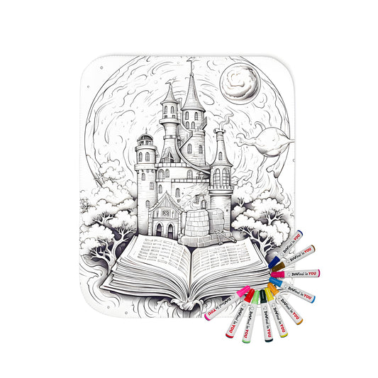 Whimsical Fantasy Blanket with Enchanted Castle and Swirling Clouds Design