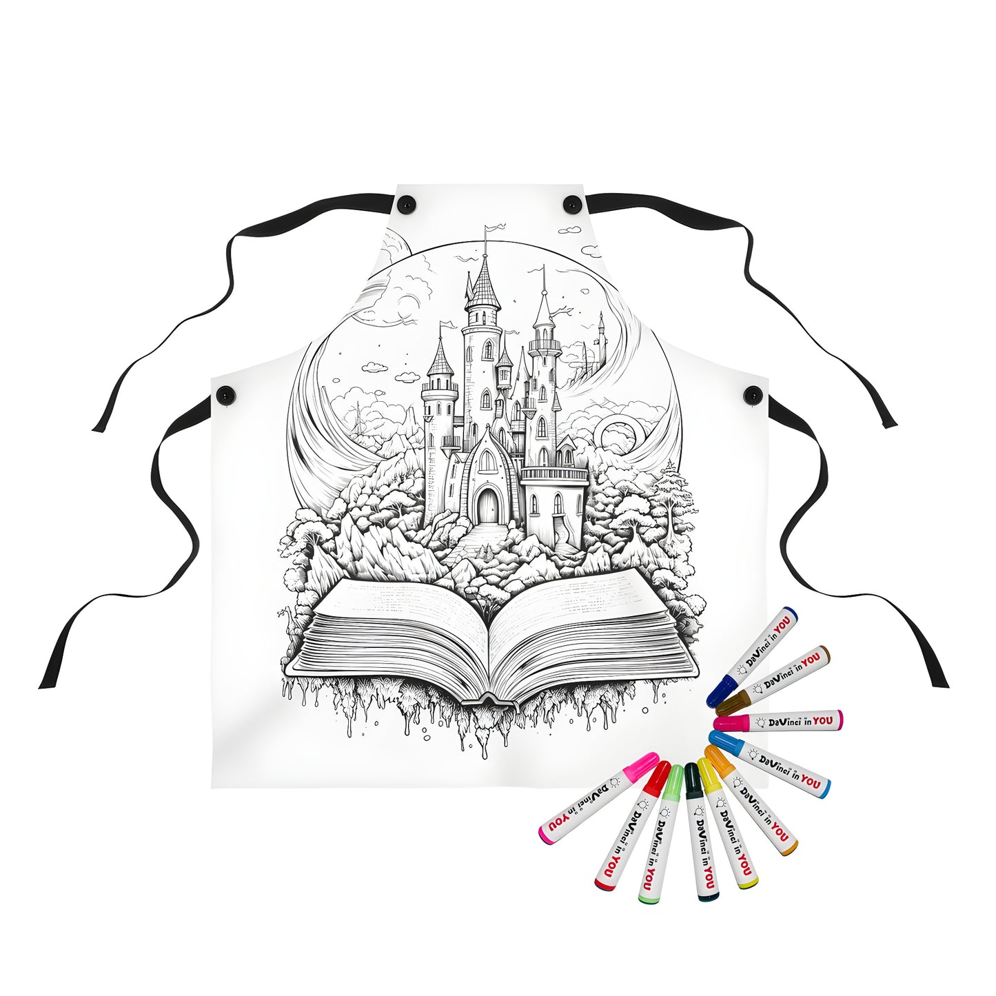 Apron with fantasy architecture illustration art, medieval castle print, whimsical scene of a book and clouds