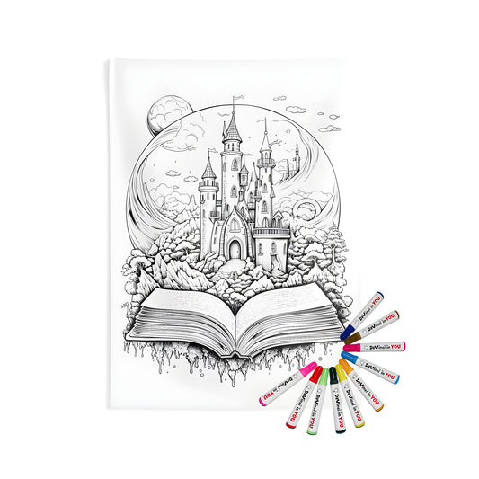 Indoor wall tapestry featuring a fantasy castle illustration