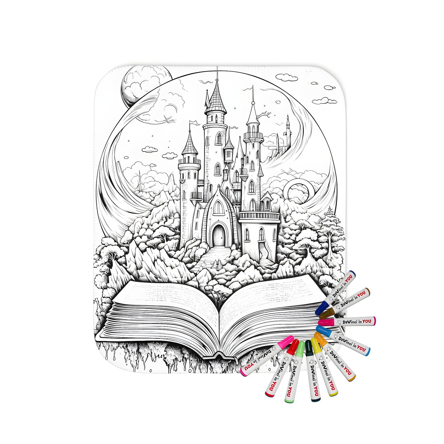 Cozy blanket featuring a whimsical illustration of a fantasy castle emerging from an open book, surrounded by fluffy clouds and lush trees