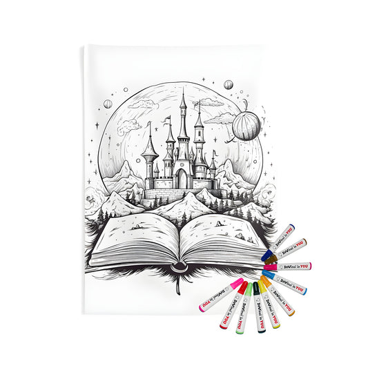 Cozy home decor wall tapestry featuring an enchanting fantasy castle scene from a storybook, complete with fabric markers