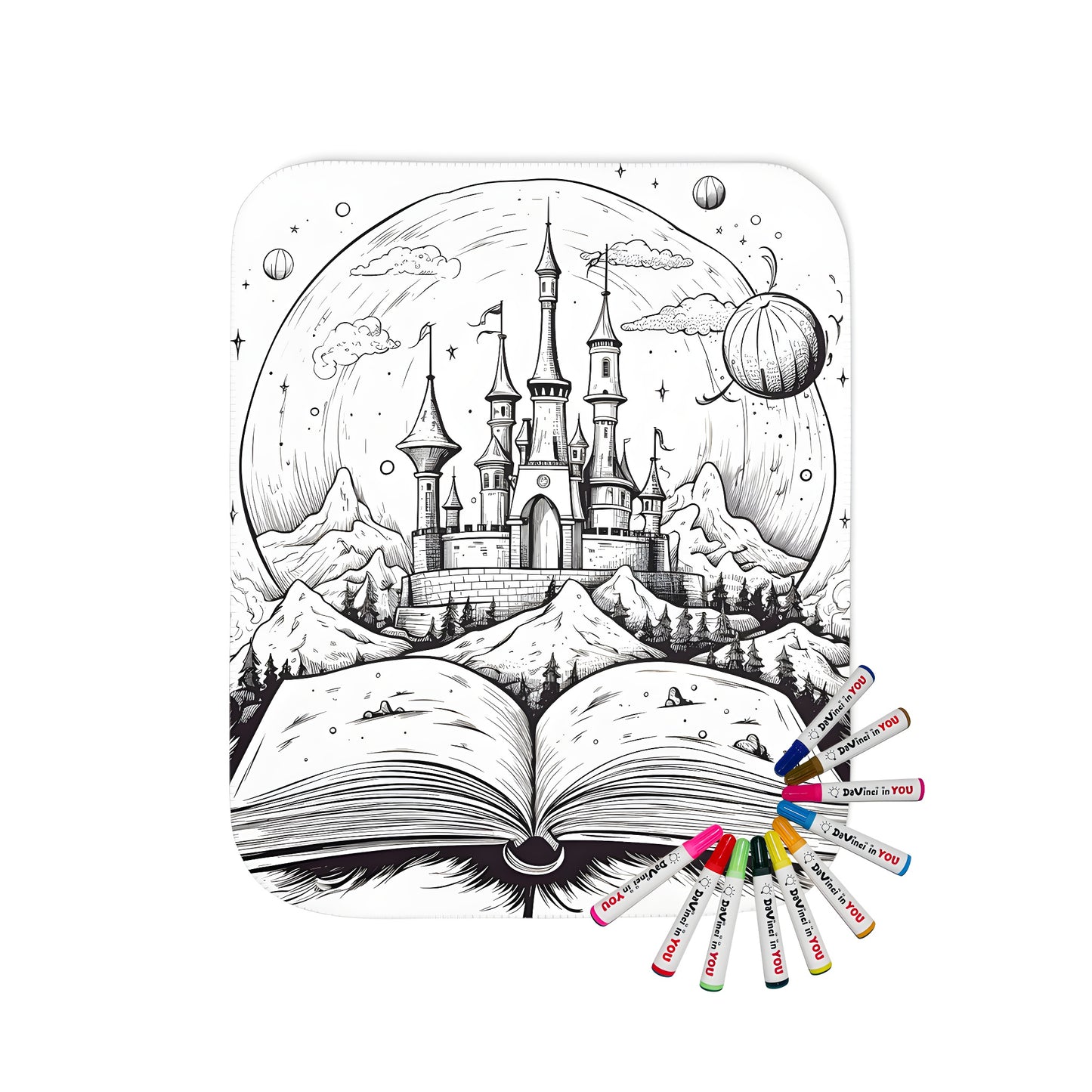 A cozy blanket featuring an intricate fantasy castle illustration within an open storybook cover, set against a backdrop of majestic mountains and celestial bodies