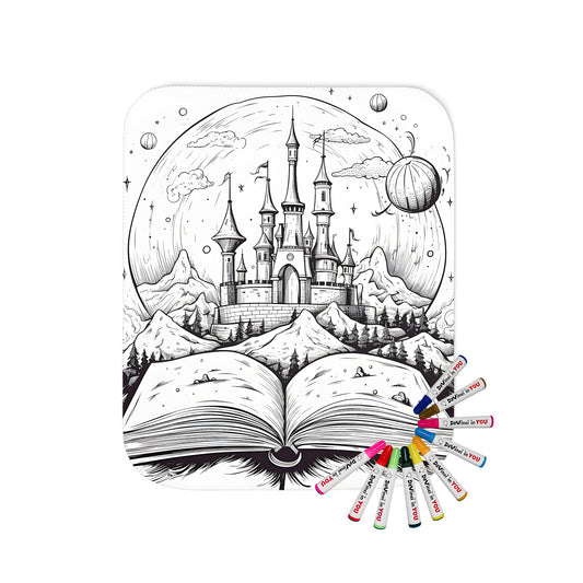 A cozy blanket featuring an intricate fantasy castle illustration within an open storybook cover, set against a backdrop of majestic mountains and celestial bodies