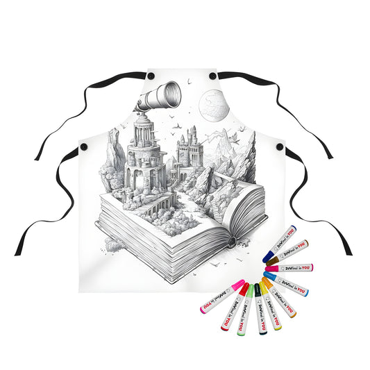 Colorful apron featuring an intricate fantasy world design with castles, telescope, mountains and birds emerging from a book