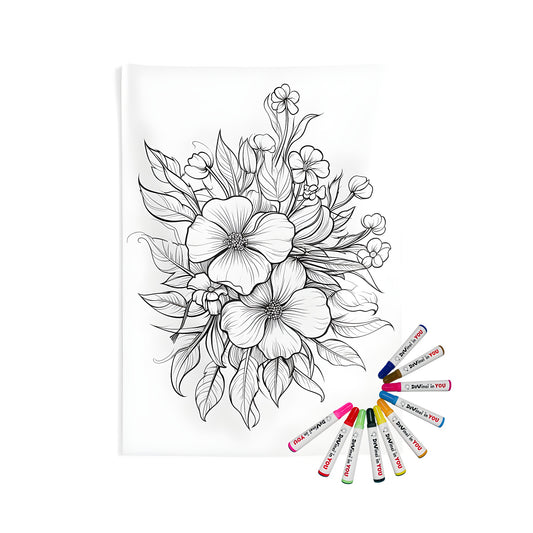 Indoor wall tapestry with floral arrangement design, perfect for adult coloring and relaxation. Includes fabric markers.