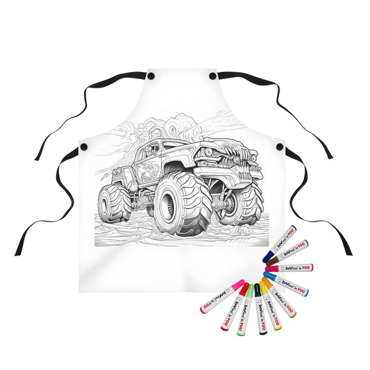 Detailed black and white drawing of a monster truck toy, apron for kids with fabric markers