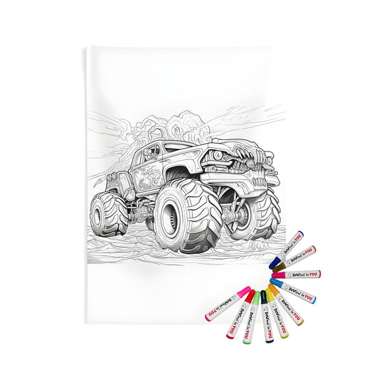 Detailed black and white drawing of a monster truck with large wheels set in a wilderness background with smoke trails. Indoor wall tapestry for kids and adults alike.