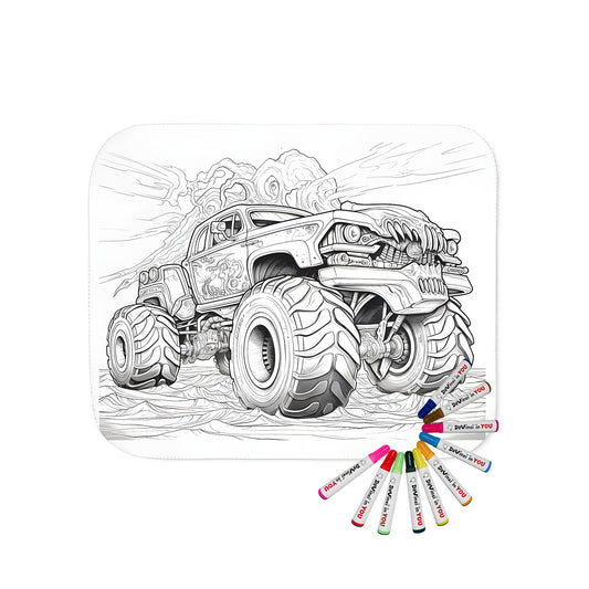 Detailed black and white drawing of a monster truck blanket with large wheels, set in a wilderness background with smoke trails