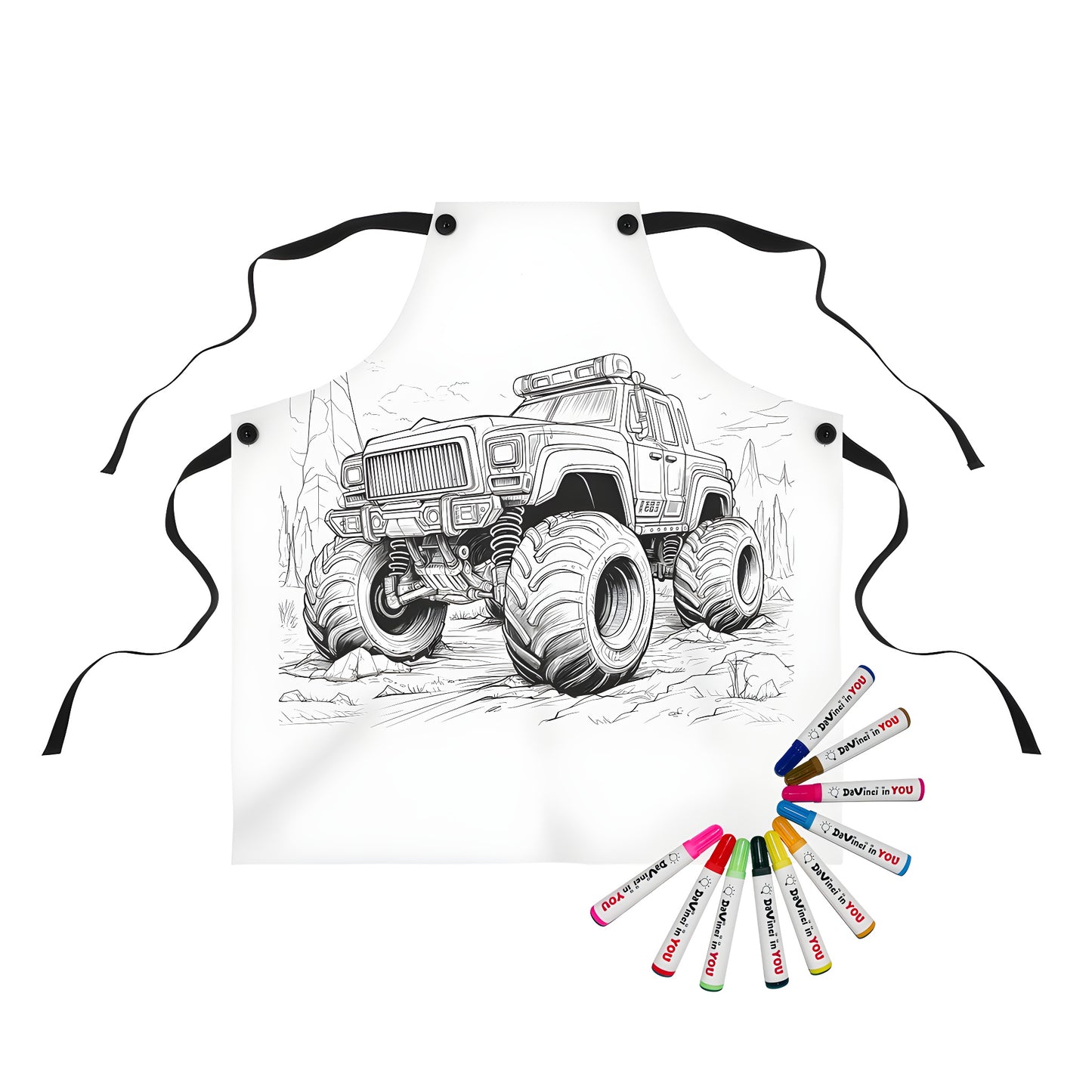 Colorful apron featuring an exciting off-road truck illustration, great for kids and adults alike